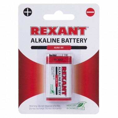 Купить Алкалиновая батарейка Rexant 6LR61 Крона 9V 600mAh (в упаковке 1шт)