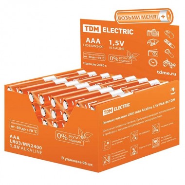 Отзывы Батарейка AAA LR03 Alkaline 1,5V (упаковка 96шт) TDM