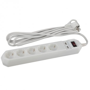 Купить Сетевой фильтр 5 розеток+2USB, кабель 1,5 метра, белый USF-5es-1.5m-USB-W 5055945526981