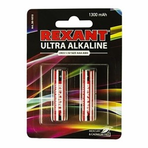 Ультра алкалиновая батарейка AAA Rexant LR03 1,5V 1300mAh (в упаковке 2шт)