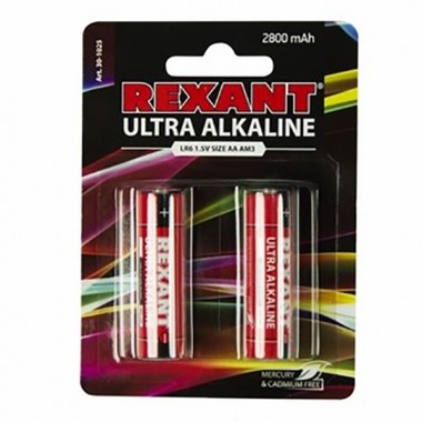 Купить Ультра алкалиновая батарейка Rexant AA/LR6 1,5V 2800mAh (в упаковке 2шт)