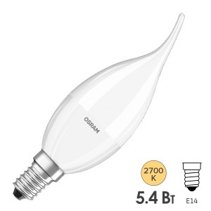 Обзор Лампа светодиодная свеча на ветру Osram LED CLAS BA FR 40 5,4W/827 DIM 470lm 220V E14