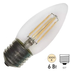 Лампа филаментная светодиодная свеча FL-LED Filament  C35 6W 3000К 220V 600lm E27 теплый свет