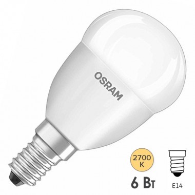 Обзор Лампа светодиодная шарик Osram LED CLAS P FR 40 6W/827 DIM 470lm 220V E14