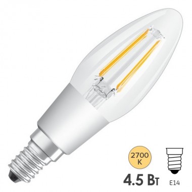 Обзор Лампа филаментная светодиодная свеча Osram LED P Retrofit CLAS B 40 DIM 4.5W/827 CL E14 Filament