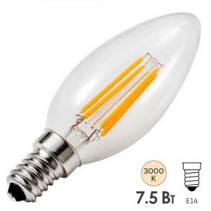 Лампа филаментная светодиодная свеча FL-LED Filament C35 7.5W 3000К 220V E14 750Lm теплый свет