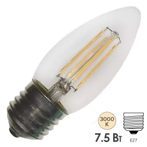 Лампа филаментная светодиодная свеча FL-LED Filament C35 7.5W 3000К 220V E27 750Lm теплый свет