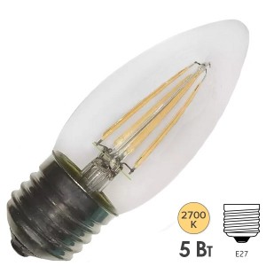 Лампа филаментная светодиодная свеча Osram LED SCL B 60 5W/827 230V CL E27 600lm Filament