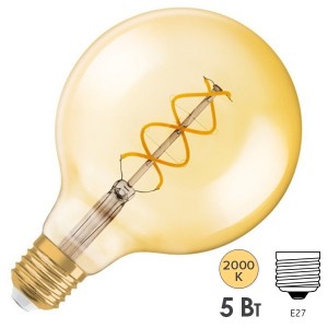 Купить Лампа филаментная светодиодная Osram GLOBE125 спираль Vintage 1906 LED CL GOLD 5W/820 E27 L178x125mm