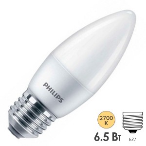 Обзор Лампа светодиодная свеча Philips ESS LEDCandle B38 6.5W (75W) 2700K 220V E27 FR 650lm