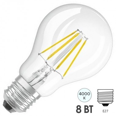 Обзор Лампа филаментная светодиодная Osram LED CLAS A60 CL 8W (75W) 840 230V E27 1055Lm L105x60mm Filament
