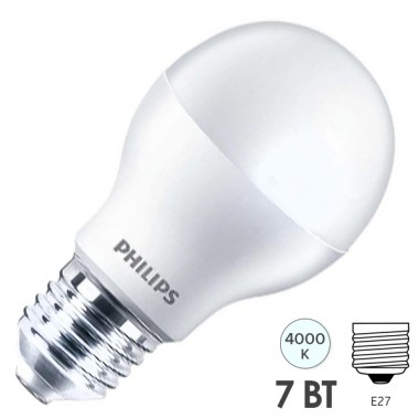 Обзор Лампа светодиодная Philips ESSENTIAL LEDBulb A60 7-65W E27 4000K 220V 680lm белый свет