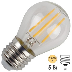 Обзор Лампа филаментная светодиодная шарик ЭРА F-LED P45-5W-827-E27 filament теплый свет 528954