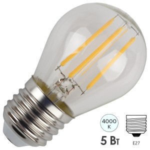 Обзор Лампа филаментная светодиодная шарик ЭРА F-LED P45-5W-840-E27 filament белый свет 528961