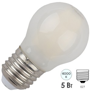 Отзывы Лампа филаментная светодиодная шарик ЭРА F-LED P45-5W-840-E27 frost filament белый свет 576597