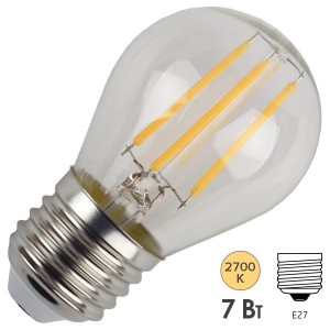 Обзор Лампа филаментная светодиодная шарик ЭРА F-LED P45-7W-827-E27 filament теплый свет 576627
