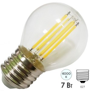 Обзор Лампа филаментная светодиодная шарик ЭРА F-LED P45-7W-840-E27 filament белый свет 576665