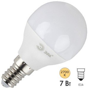 Обзор Лампа светодиодная шарик ЭРА LED P45-7W-827-E14 теплый свет 556193