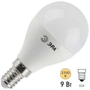 Обзор Лампа светодиодная шарик ЭРА LED P45-9W-827-E14 теплый свет 576764