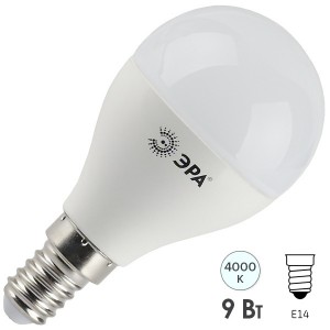 Обзор Лампа светодиодная шарик ЭРА LED P45-9W-840-E14 белый свет 576788