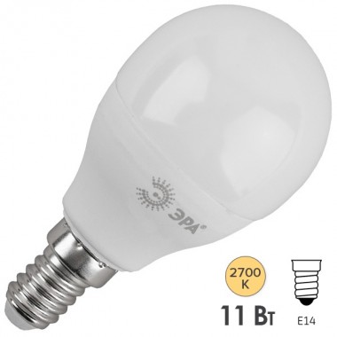 Отзывы Лампа светодиодная шарик ЭРА LED P45-11W-827-E14 теплый свет 732486