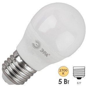 Обзор Лампа светодиодная шарик ЭРА LED P45-5W-827-E27 теплый свет 566765