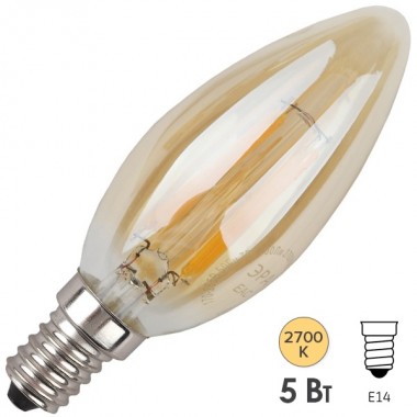 Обзор Лампа филаментная светодиодная свеча ЭРА F-LED B35-5W-827-E14 gold, Vintage, теплый свет 575651