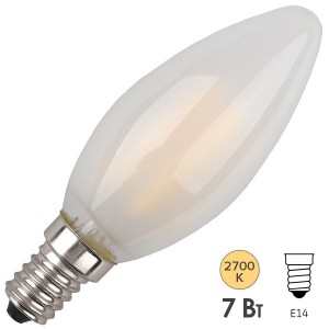 Обзор Лампа филаментная светодиодная свеча ЭРА F-LED B35-7W-827-E14 frost filament теплый свет 575705