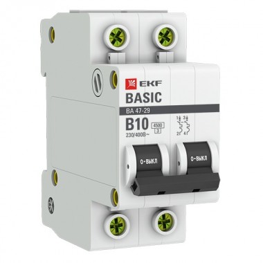 Обзор Автоматический выключатель 2P 10А (B) 4,5кА ВА 47-29 EKF Basic (автомат)