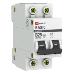 Автоматический выключатель 2P 25А (B) 4,5кА ВА 47-29 EKF Basic (автомат)
