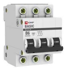 Автоматический выключатель 3P 6А (B) 4,5кА ВА 47-29 EKF Basic (автомат)
