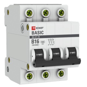 Обзор Автоматический выключатель 3P 16А (B) 4,5кА ВА 47-29 EKF Basic (автомат)