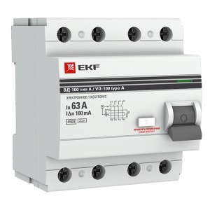 Устройство Защитного Отключения ВД-100 4P 63А/100мА (электр, тип А) EKF PROxima