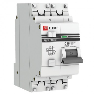 Обзор Дифференциальный автомат АД-32 1P+N 16А/10мА (хар. C, AC, электронный, защита 270В) 4,5кА EKF PROxim
