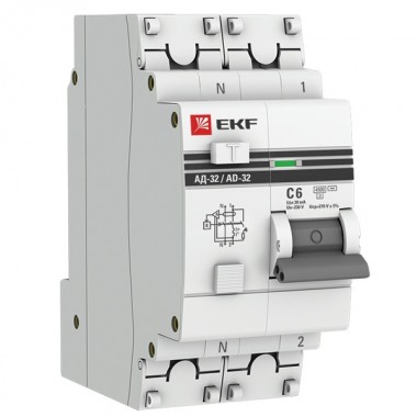 Обзор Дифференциальный автомат АД-32 1P+N  6А/30мА (хар. C, AC, электронный, защита 270В) 4,5кА EKF PROxim