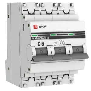 Автоматический выключатель 3P 6А (C) 4,5kA ВА 47-63 EKF PROxima (автомат)
