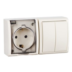Блок розетка 2P+E 16А 250В + двухклавишный выключатель 10А 250В Simon 15 Aqua IP54 слоновая кость