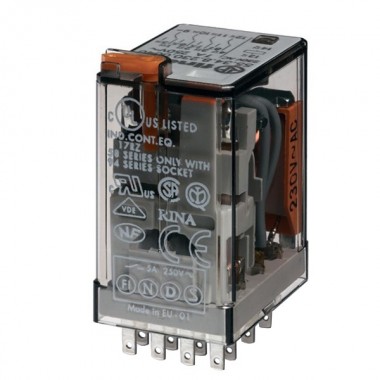 Купить Миниатюрное реле Finder 4СО  AgCdO 7A AC (50/60Гц) 230В кнопка тест с блокировкой + LED (AC)