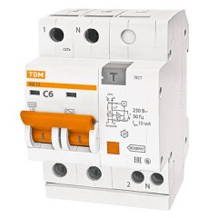 Дифференциальный автомат АД12 2Р С6А 10мА тип АС TDM 3,5 модуля