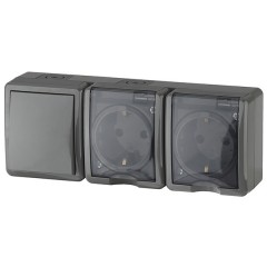 Блок две розетки+выключатель IP54 16A(10AX)-250В открытой установки Эра Эксперт, серый 11-7403-03