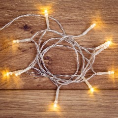 Гирлянда светодиодная универсальная 10 LED ТЕПЛЫЙ БЕЛЫЙ 1,5 метра, прозрачный ПВХ, питание 2*АА