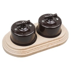 Два переключателя 1-клавишного с 2-местной рамкой Bironi Лизетта (керамика/бук), коричневый/натурель