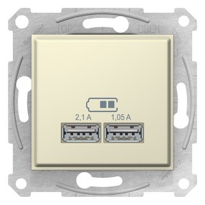 Обзор Механизм зарядного устройства тип А USB 2,1А (2x1,05А) Sedna бежевый