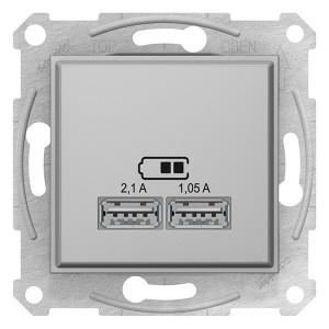 Механизм зарядного устройства тип А USB 2,1А (2x1,05А) Sedna алюминий
