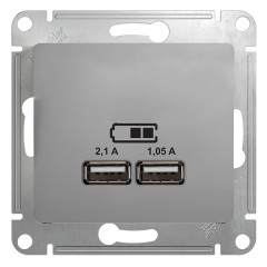 Зарядка USB 5В/2100мА, 2х5В/1050мА механизм SE Glossa, алюминий