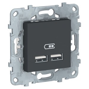 Отзывы Зарядка USB  двухместная тип А  5 В/2100мА SE Unica NEW, антрацит