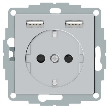 Обзор Розетка Schuko с 2 USB зарядными устройствами 2,4A тип А Merten System M алюминиевый