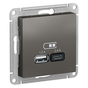 Зарядное устройство USB тип A+С 5В/2,4 А  2х5В/1,2 А, SE AtlasDesign, сталь