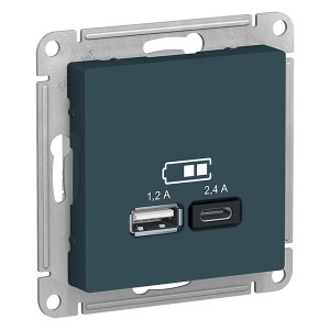 Купить Зарядное устройство USB тип A+С 5В/2,4 А  2х5В/1,2 А, SE AtlasDesign, изумруд