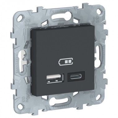 Обзор Зарядка USB  двухместная  тип А+С 5 В/2400мА SE Unica NEW, антрацит
